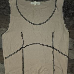Sleeveless Ribbed Tank Top with Contrast Stitching - Beige